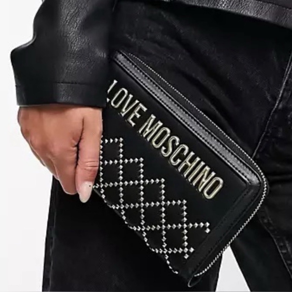 LOVE MOSCHINO Embellished Black/Gold Studded Zip Around Wallet NEW